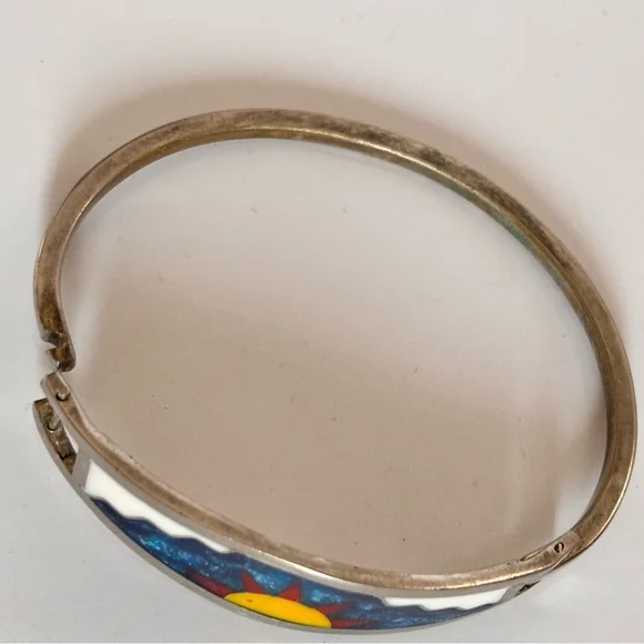 Vintage Sterling Silver Taxco Mexico Inlay Cuff Bangle Hinged Bracelet - Picture 5 of 7